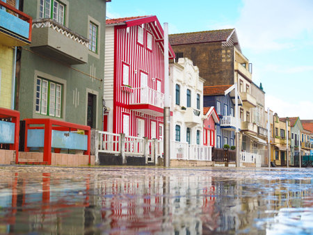 street with typical striped houses Costa Nova, Aveiro, Portugal, retro tonedのeditorial素材