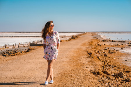 A young woman with long hair in a short dress walks through the orange rocky desert on a hot dayの写真素材