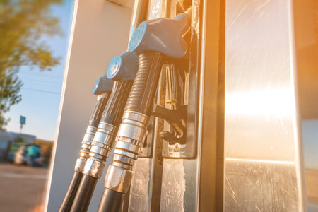 Blue fuel nozzle in Gas station. Fuel dispensing pump.の写真素材