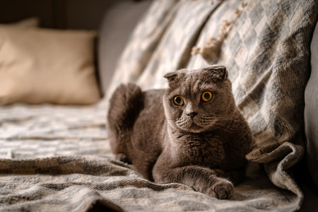 Portrait of a gray Scottish fold cat with yellow eyes sitting on a sofa with scattered yellow autumn leavesの写真素材
