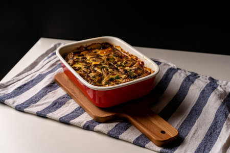 Mushroom julienne or mushroom casserole in a baking dish stands on a Board on a black background