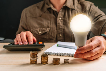 Business man hand holding a light bulb using a calculator to calculate cash flow. The idea of saving energy and accounting Finance in the office conceptの写真素材