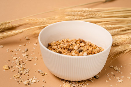 A bowl of cereal and a glass of milk. Top view, healthy Breakfast conceptの写真素材