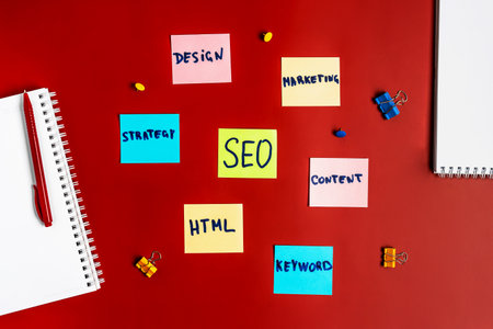 The word "SEO" from colored sticky notes on a red table. Search engine optimization and business concept and strategyの写真素材