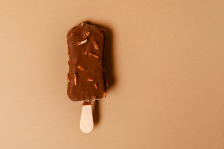 Ice cream on a stick in chocolate glaze on a brown background. Copy space.の写真素材