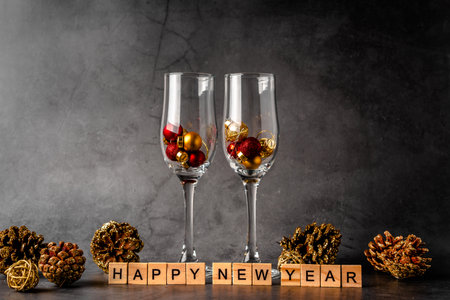 Christmas composition on a dark background with empty champagne glasses and Christmas toys and...