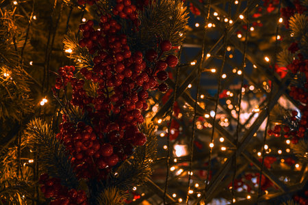 Christmas decorations on the city street, Christmas trees and gold ornaments on the steps of the...
