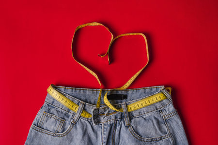 Yellow measuring tape on the waist instead of a belt in jeans on a red background. The concept of weight lossの写真素材