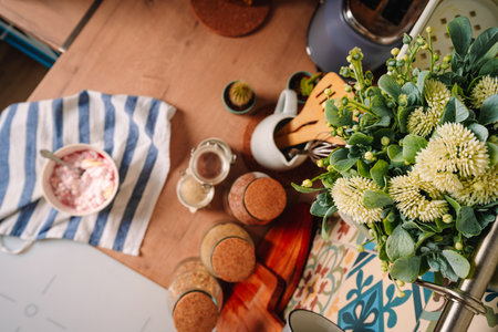 Top view of kitchen colored tiles with lots of cozy details and accessories, toaster. Modern style and interiorの写真素材