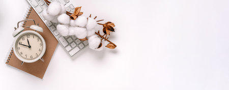 Office background with clock, keyboard and cotton branch on white Desk. Top view with space for textの写真素材