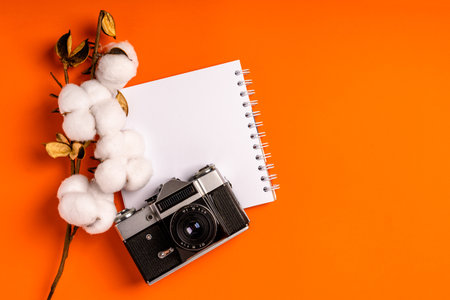 A empty blank notebook on an orange desk, cotton branch, and a vintage camera. Place for text, travel and photography conceptの写真素材