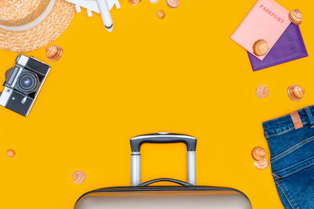 Set of travel accessories on a yellow background. Beach hat, suitcase, denim shorts, seashells for a woman's summer vacation.の写真素材