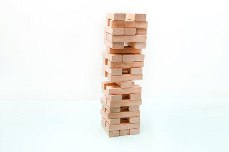 Planning, risk and strategy in business, wooden block towerの写真素材