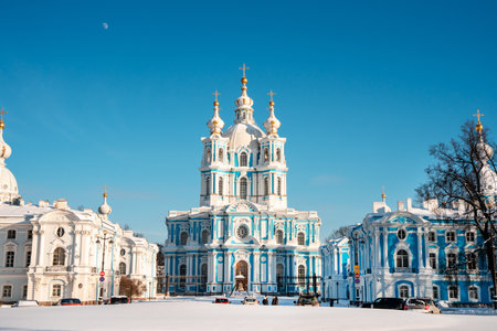 Panoramic postcard view of the Smolny Cathedral in winter, Saint-Petersburgのeditorial素材