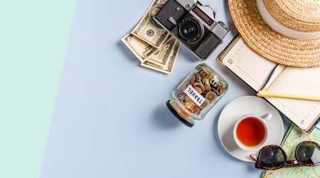 A notebook, a mug of tea, and flowers on the blue table. The concept of spring mood and travelの写真素材