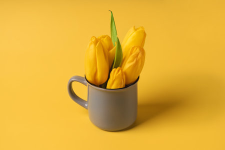 Floral composition of yellow tulips in a tea mug on a yellow background, place of the textの写真素材