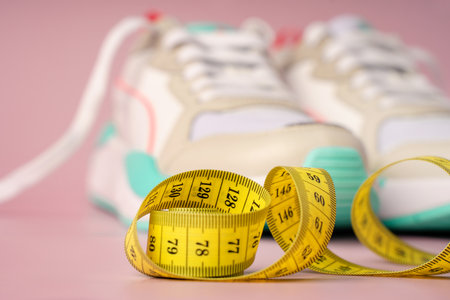 A pair of white sneakers on a pink background and a measuring yellow ribbon, the concept of diet and...