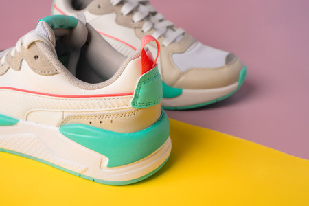 A pair of sneakers on a colored background. Top view and place for text, sports conceptの写真素材