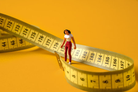 Miniature people on a yellow background, a woman in a maze of measuring tape, the concept of diet...
