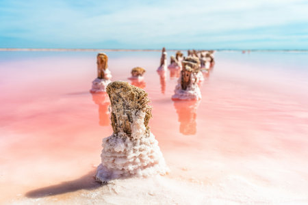 A calm landscape of a pink salt lake with wooden sticks covered with salt in the Crimea. Extraction...