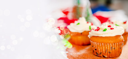 Cupcakes decorated with sprinkles in the form of a Christmas tree. Festive sweet treats, Christmas...