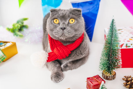 A beautiful New Year and Christmas card with a cat from the festival decor. Scottish fold cat and christmas blurry festive decor.の写真素材