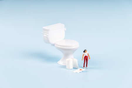 A miniature model of a woman stands near a toy toilet with toilet paper with blood. The concept of...