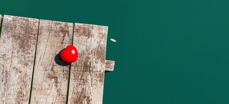 The red heart lies on a wooden pier on the lake. Beautiful summer concept of a serene holiday.の写真素材