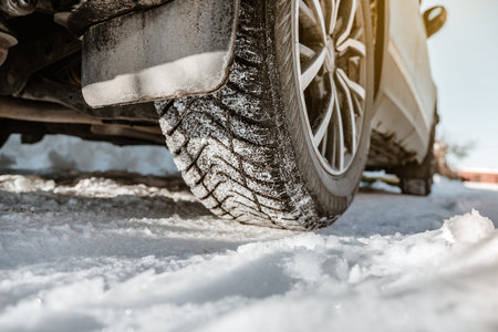 Winter tires in the snow on a winter day, close