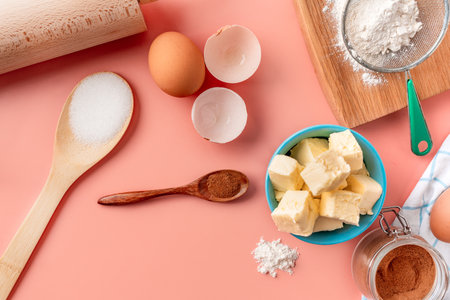 Beautiful baking background. Ingredients for baking: eggs, flour, sugar, butter on a pink...