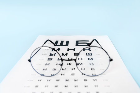 A table for checking vision in Russian, glasses and lenses on a light blue background. a concept for...