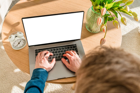 A young man in a blue shirt is working with a laptop while sitting on the couch at home in a cozy room. The concept of using the technology of the contact communication device business, IT technologの写真素材