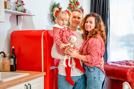 A cute baby girl in a plaid dress calls her parents to her arms, a family photo with her father and...