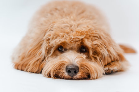Incredible curly brown Labradoodle or Kawapoo dog on a white background in the studio