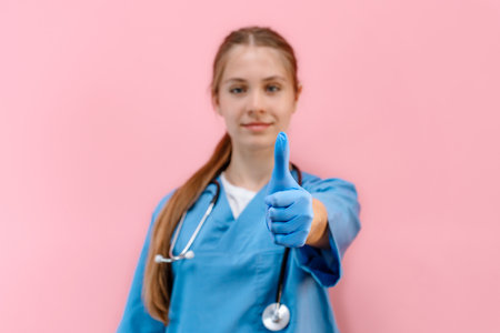 Young caucasian woman doctor in a blue uniform on an isolated pink background gives a thumbs upの写真素材