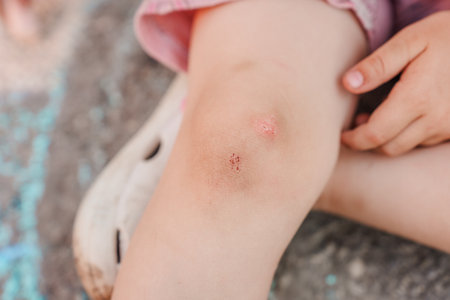 Abrasions on the knees of Little child girl outdoor in summer
