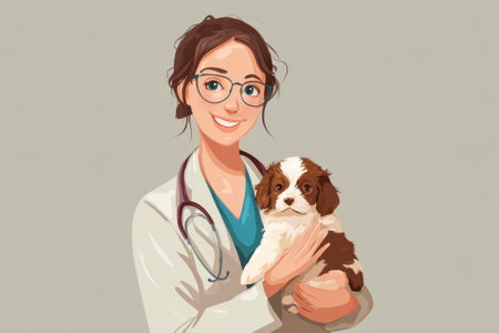 Vector illustration of a veterinarian in a white coat holding a puppy dogの写真素材