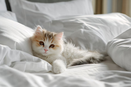 Persian kitten lying on cotton sheets on the bed at home, cozyの写真素材