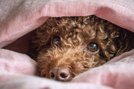 A curly-haired brown poodle, covered with a pink blanket, lies on the bed and looks at the cameraの写真素材
