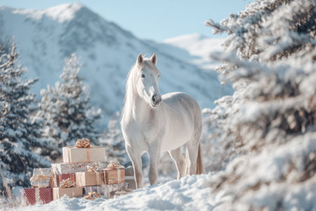 A white horse stands in a snowy forest with a mountain of giftsの写真素材