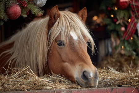 A foal lies in the hay in a stableの写真素材