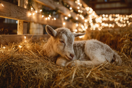 A little goat as a symbol of the year 2027 lies on a hay decorated for Christmasの写真素材