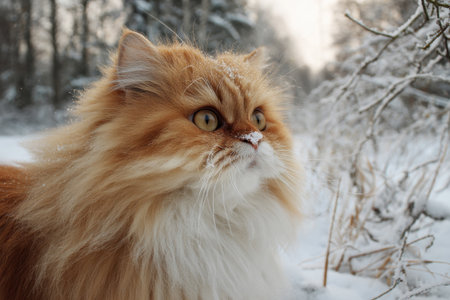 Fluffy cat walks through the snow in winterの写真素材