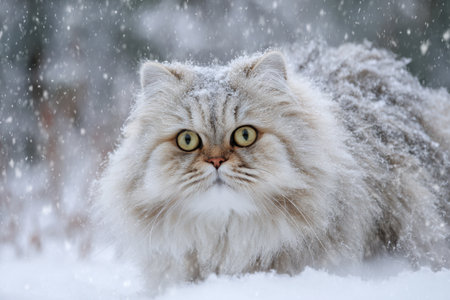 Fluffy Persian walks through the snow in winterの写真素材