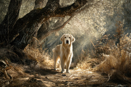 A golden Labrador dog walks in an empty autumn park with a beautiful landscape and dry grassの素材