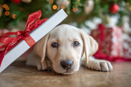 A Labrador puppy under the Christmas tree in a gift with a red bowの素材