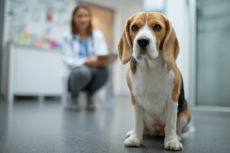 A dog sits on the floor in a medical office against the background of a team of veterinarians in white coatsの素材