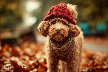 Curly brown poodle dog walks in the autumn parkの素材