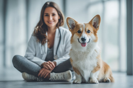 A corgi dog sits on the floor in a medical office against the background of a team of veterinarians in white coatsの素材