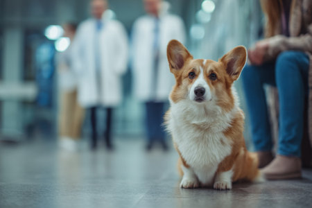 A corgi dog sits on the floor in a medical office against the background of a team of veterinarians in white coatsの素材
